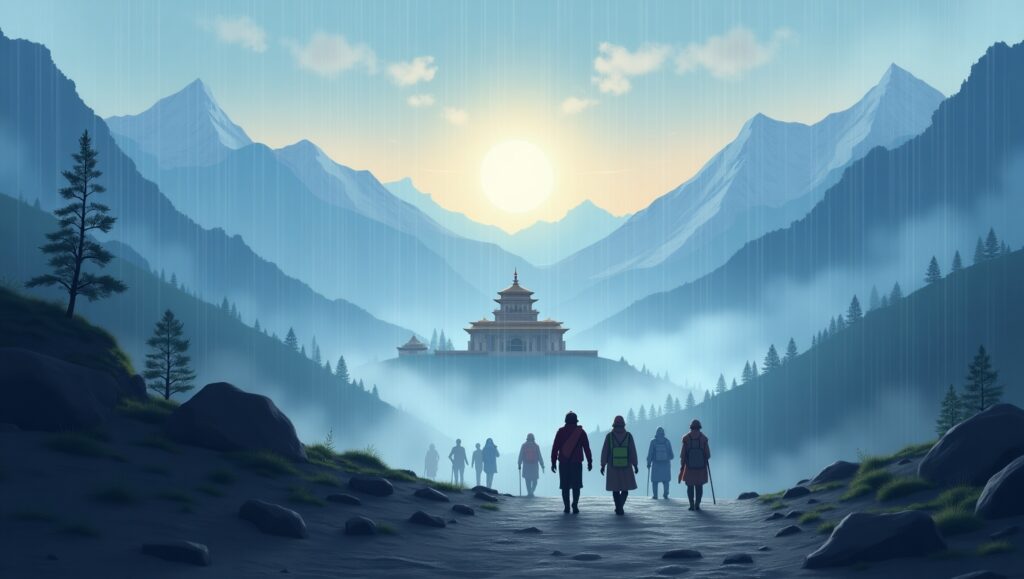 Digital illustration of Char Dham Yatra pilgrims walking through misty Himalayan trails with Kedarnath Temple in the background, surrounded by clouds and light rain, with a thermometer icon. Early morning scene with soft sunlight peeking through the clouds. Text in Hindi: 'चारधाम यात्रा में मौसम की जानकारी पाएं