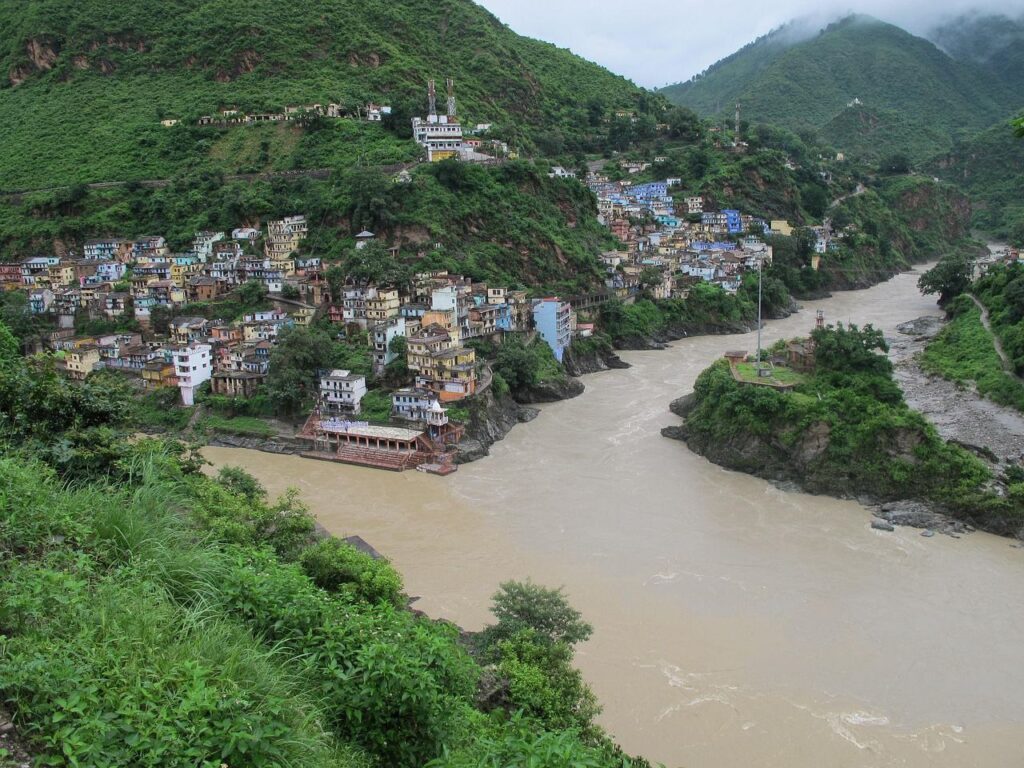 Devprayag confluence of Alaknanda and Bhagirathi rivers forming the Ganga