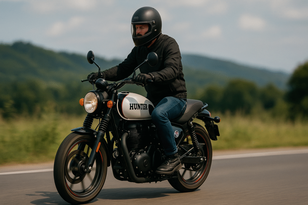 Man riding Royal Enfield Hunter 350 bike on road with green hills in background.