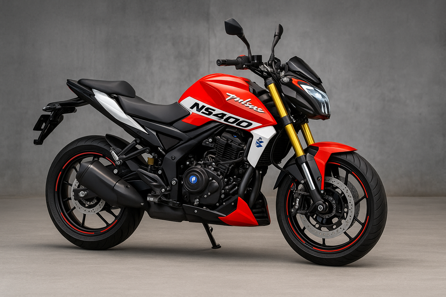 Bajaj Pulsar NS400 front side view in red and black color parked on concrete floor
