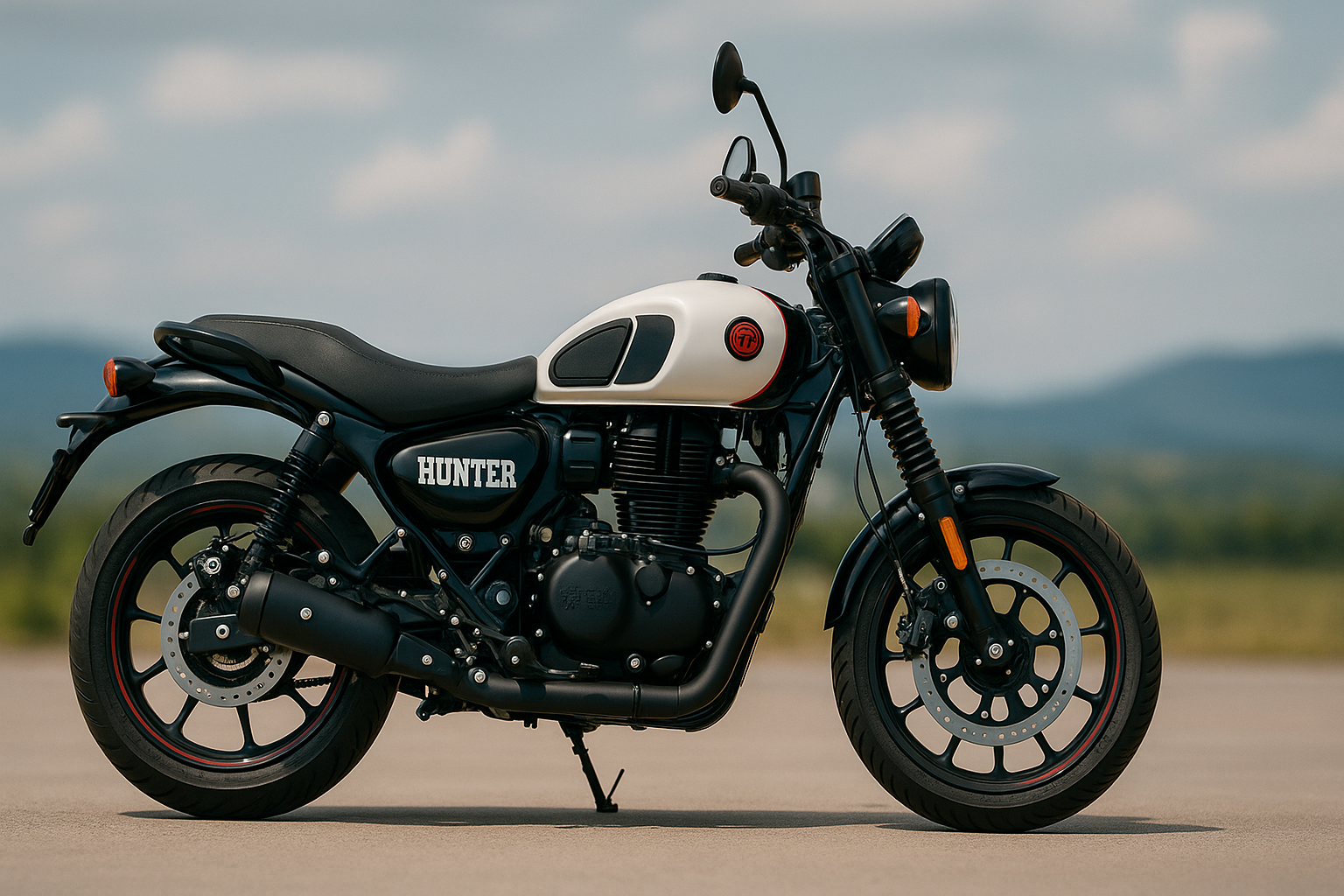 Royal Enfield Hunter 350 motorcycle with clear modern background and vintage brick wall.