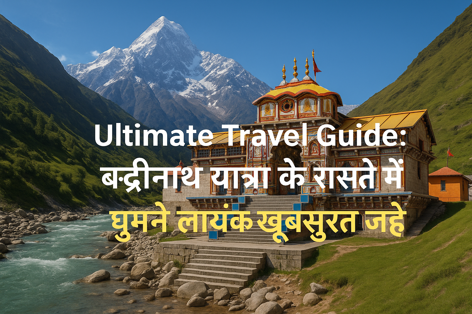 Badrinath Temple in the Himalayas with river and mountains – Ultimate Travel Guide in Hindi
