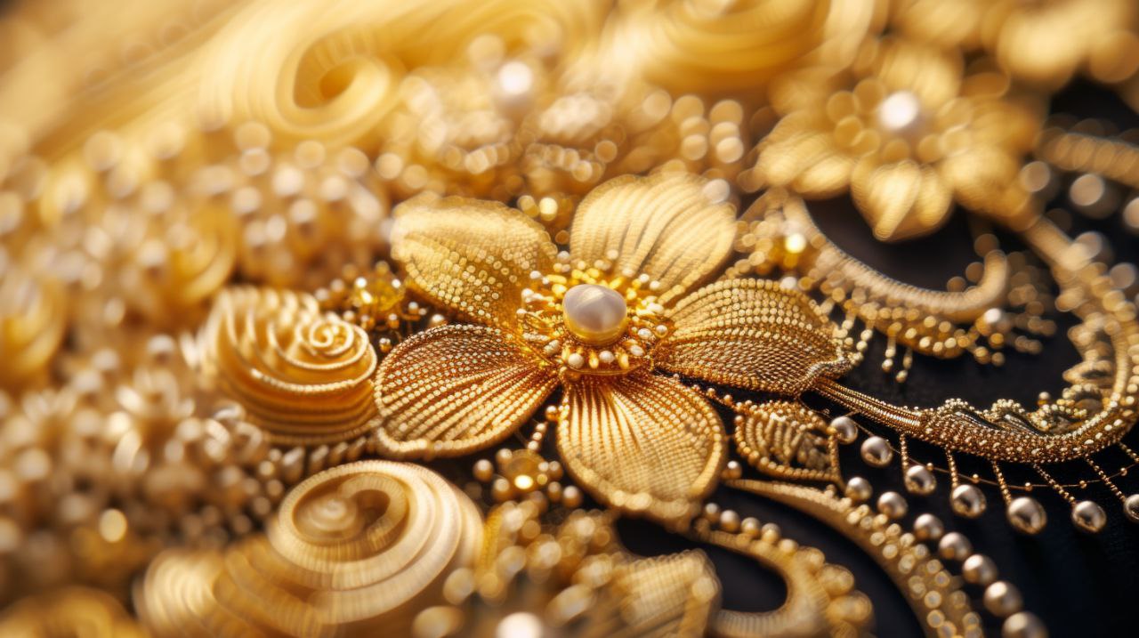 Artisan crafting gold jewelry in workshop with today's gold rate display - 24K & 22K gold prices for jewelry making