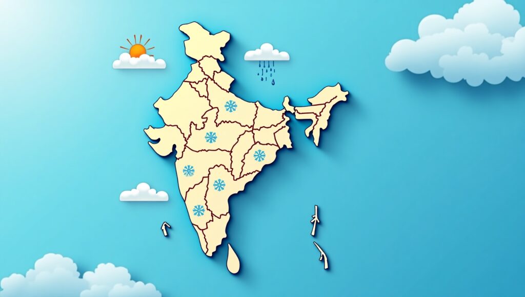Digital map of India with weather icons over regions: sun in Rajasthan, rain in Kerala, clouds in Uttarakhand, snowflakes in the Himalayas, with temperature markers and wind icons, modern gradient blue sky background. 'भारत का लाइव मौसम अपडेट' in Hindi at the top. Includes Char Dham weather updates.