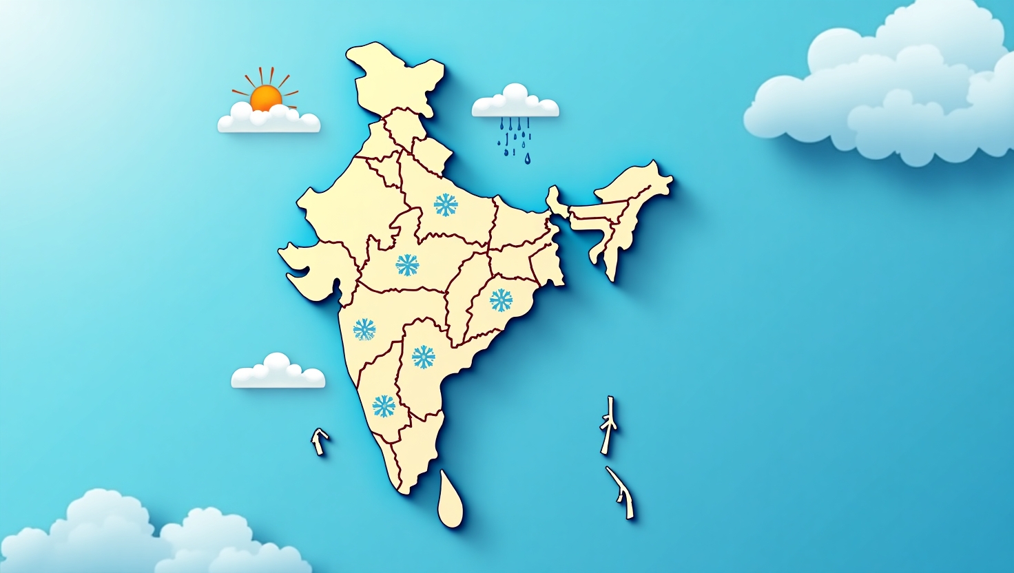 Digital map of India with weather icons over regions: sun in Rajasthan, rain in Kerala, clouds in Uttarakhand, snowflakes in the Himalayas, with temperature markers and wind icons, modern gradient blue sky background. 'भारत का लाइव मौसम अपडेट' in Hindi at the top. Includes Char Dham weather updates.
